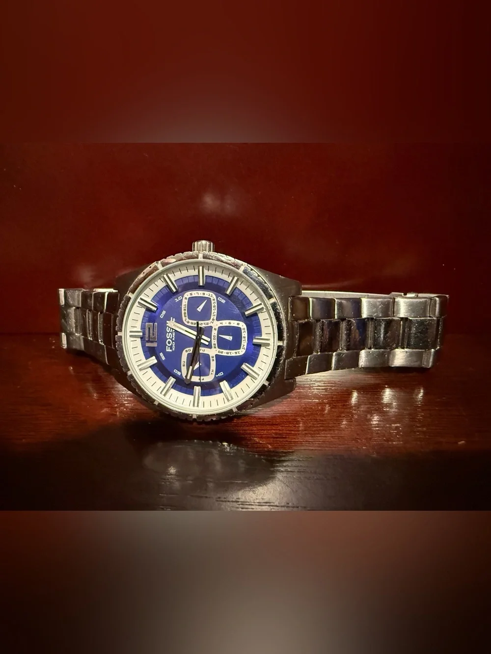 Fossil Men's Silver Watch with Blue Dial